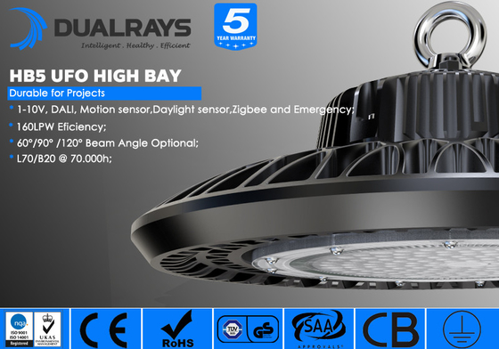 Υψηλός κόλπος ελαφρύ IP65 2020 εργοστασίων UFO 5 εξουσιοδότησης έτη οδηγών και κατοικία υποστήριξης χωριστών