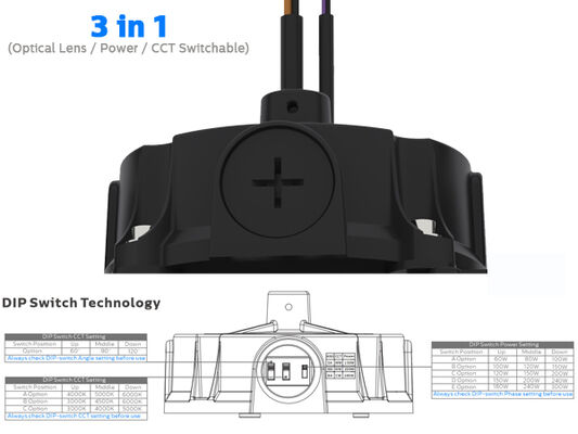 200W 150LPW HB5 3 σε 1 super highbay με οπτικό φακό που αλλάζει με DIP switch (60°/90°/110°), ισχύ (100%-80%-60%), 3 CCT προαιρετικά