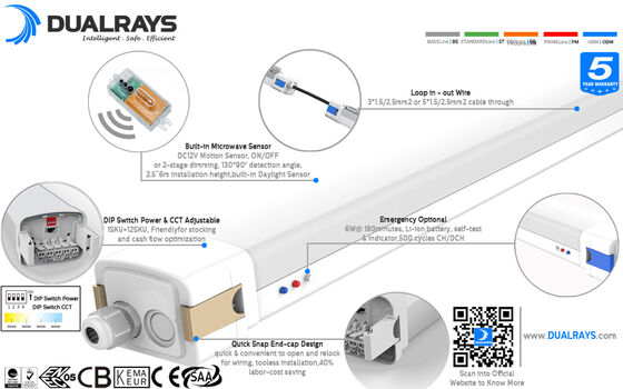 5ft/60W D5 LED Ενυδατοασφαλές φως με DIP διακόπτη ισχύος / 3CCT και 1-10V, DALI, αισθητήρα κίνησης, αισθητήρα ημερήσιου φωτός, λειτουργία Zigbee και έκτακτης ανάγκης